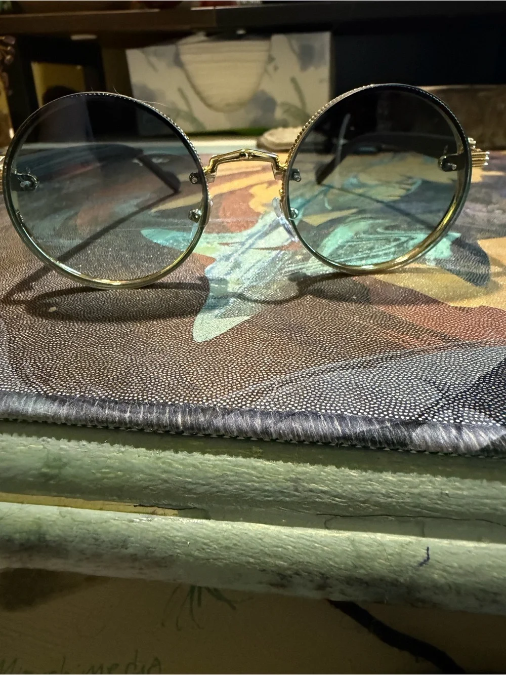 Gold Frame Round Sunglasses with Green Lenses - Men's Accessories new